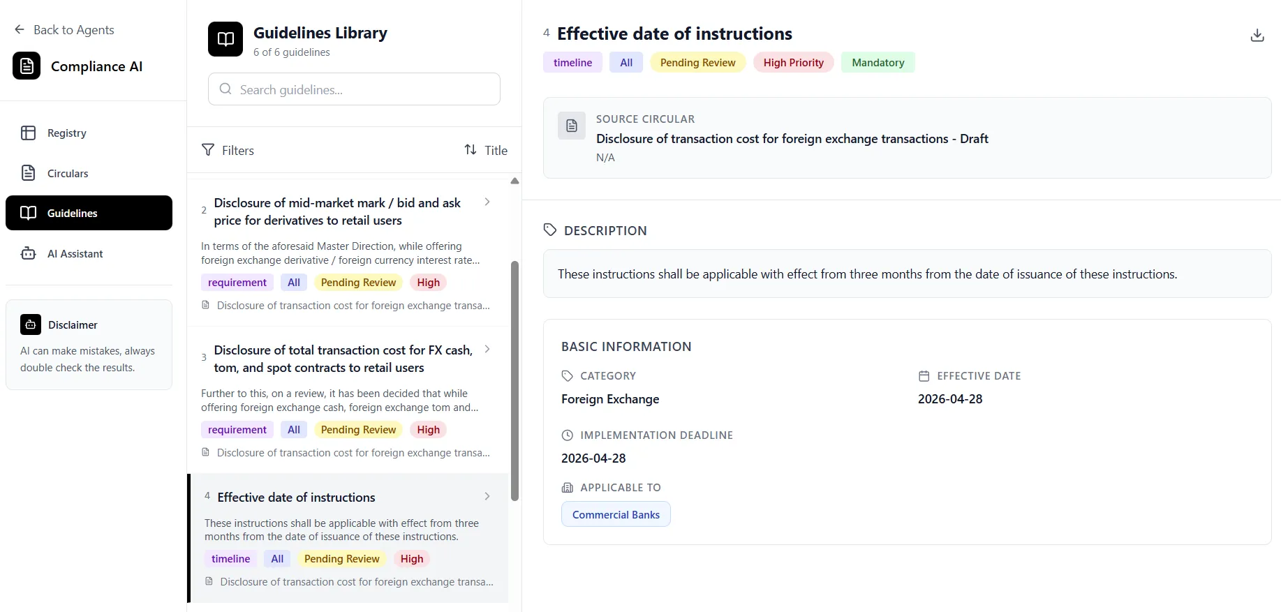 Guidelines view with structured compliance data